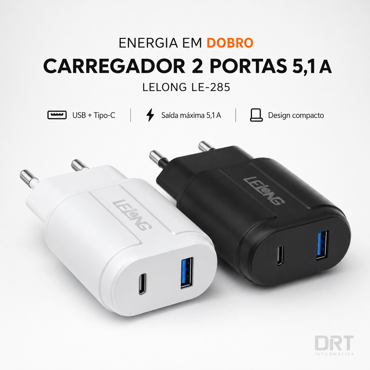 Carregador 2 portas USB/Tipo-C