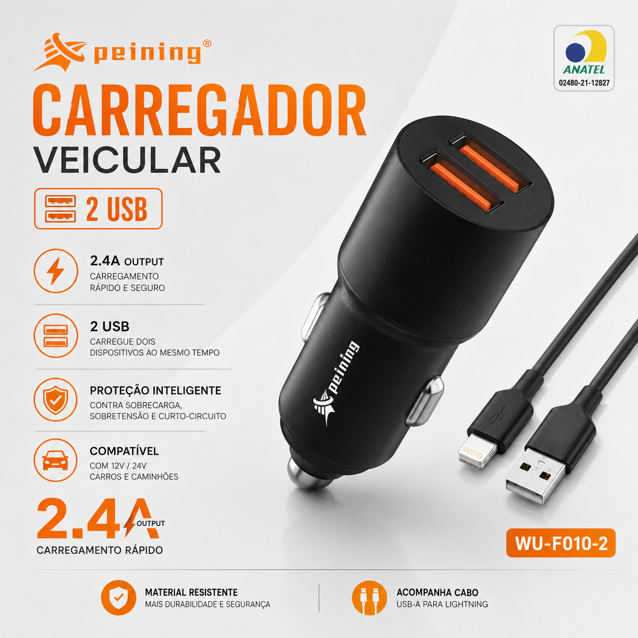 Carreg. Veicular 2 USB iPhone