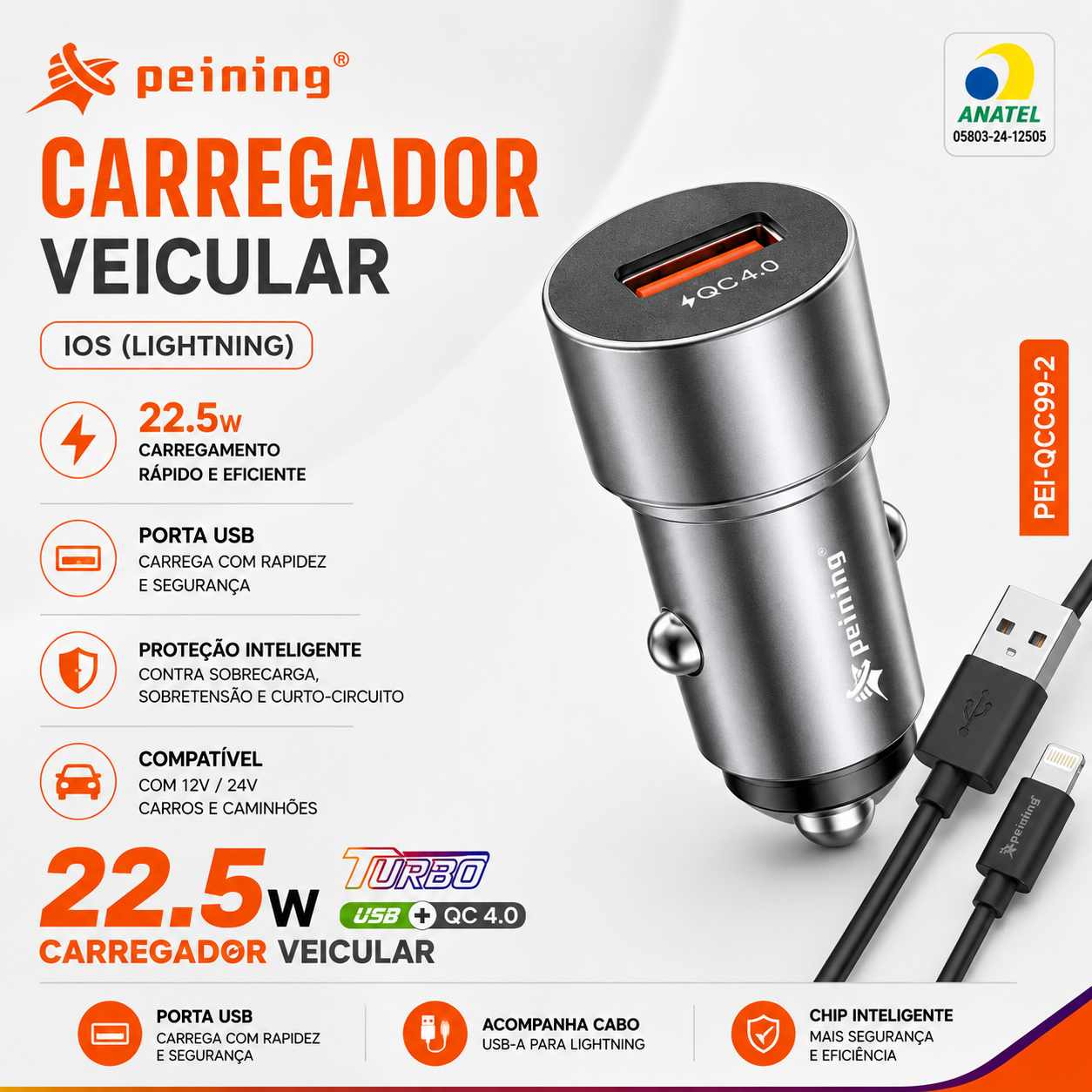 Carreg. Veicular USB/Lightning 22,5W