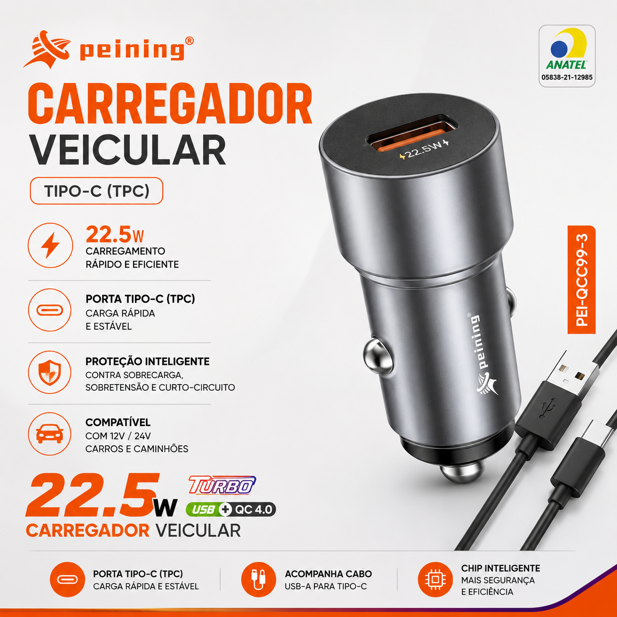 Carreg. Veicular USB/Tipo-C 22,5W