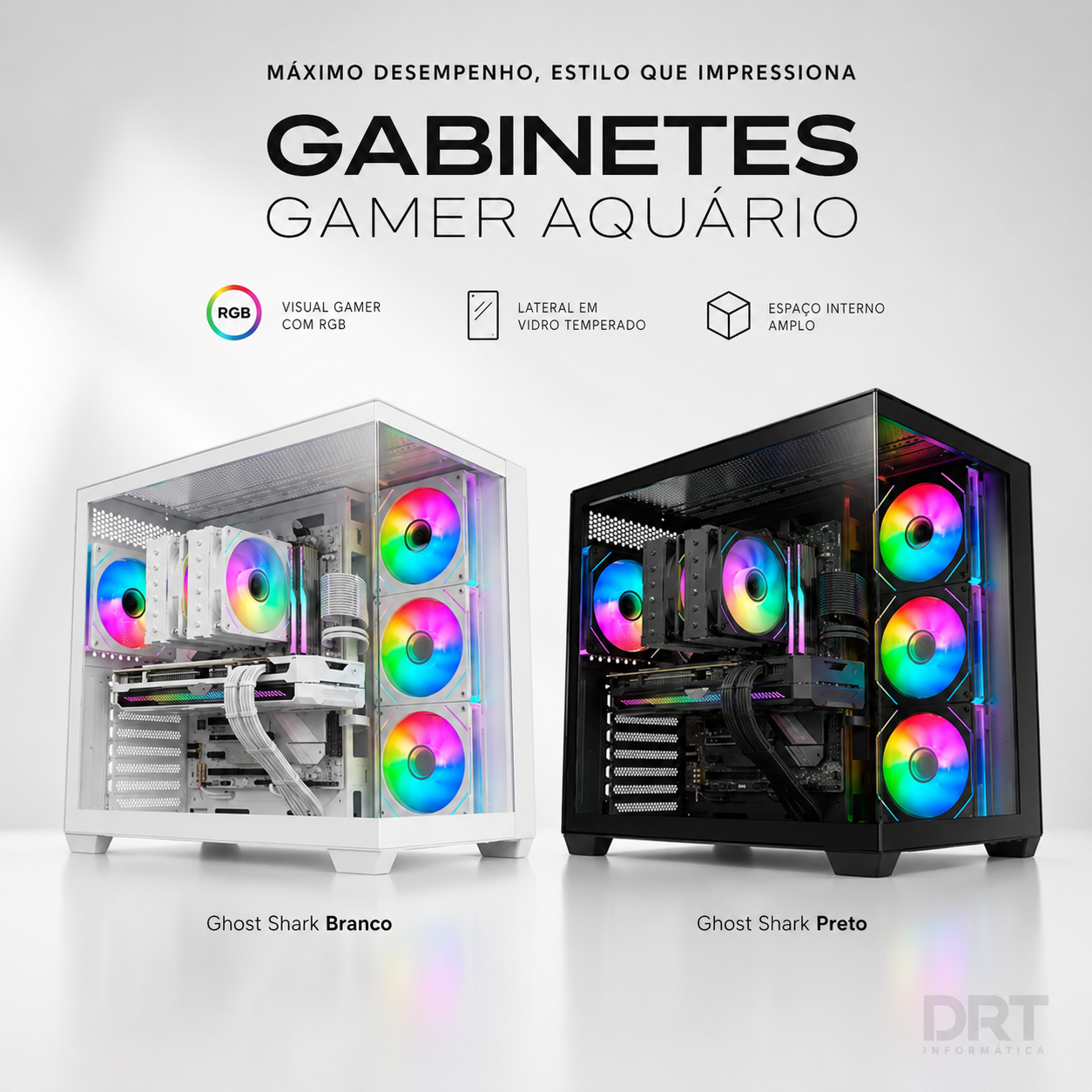 Gabinete Gamer Aquário Ghost Shark – Preto / Branco