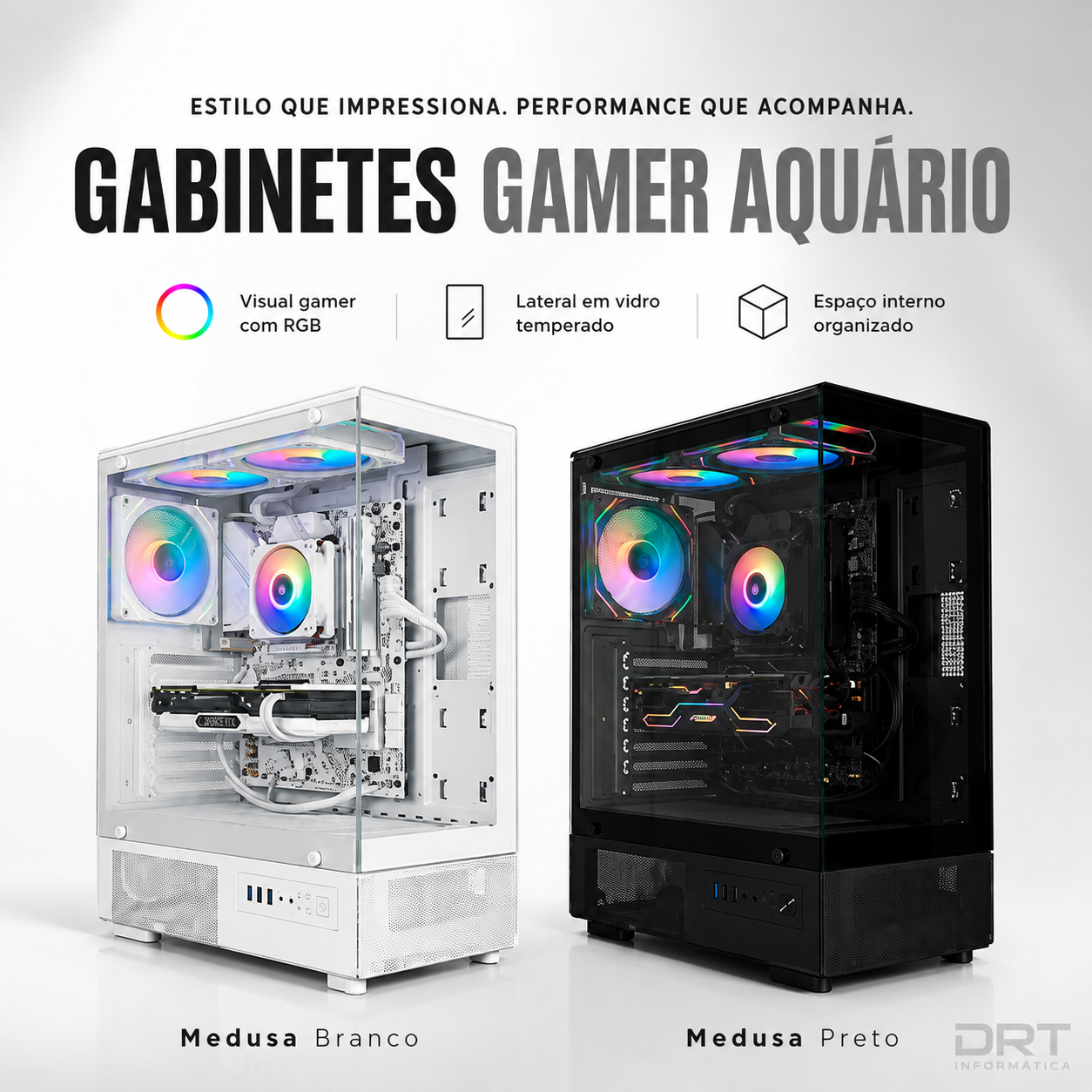 Gabinete Gamer Aquário Medusa – Preto / Branco